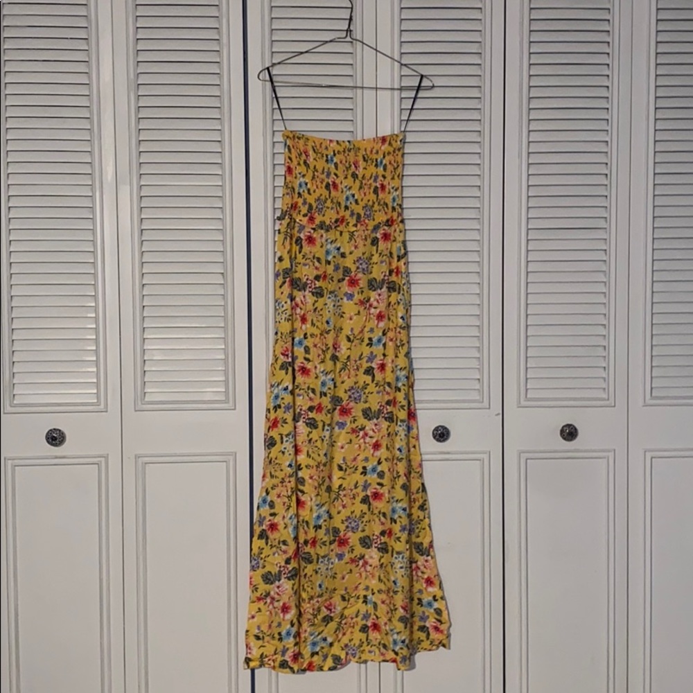 Yellow Floral Printed Strapless Maxi Dress